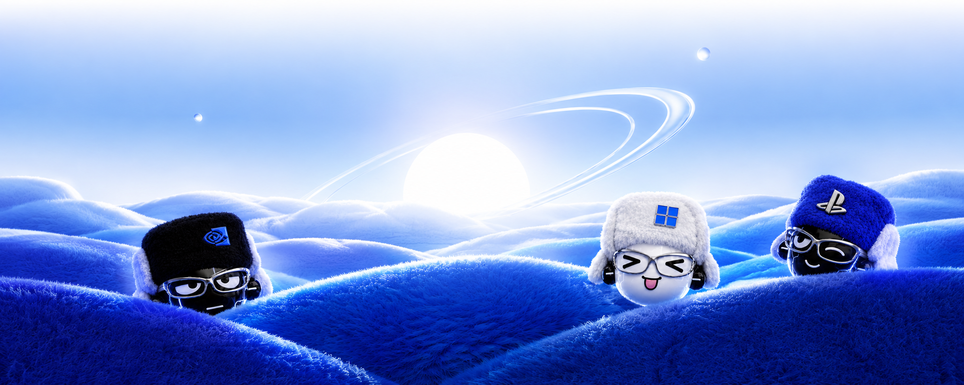 Plush Daybreak characters nestled in blue hills beneath a rising sun and glass orbit